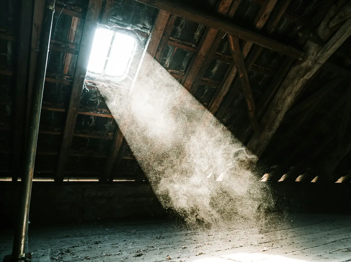 Roof Replacement in Milford — sunlight streaming through a roof window into a dusty timber attic